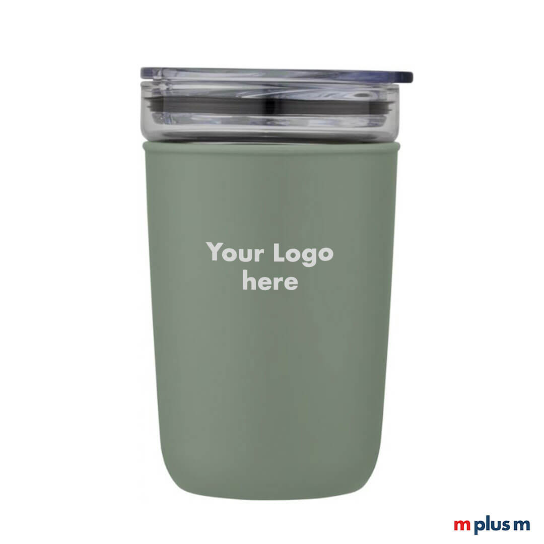 Grüner Mehrweg Coffee To Go Thermobecher aus Glas und Recycling Plastik. Ab 25 Stück als Werbeartikel mit Logo bedrucken