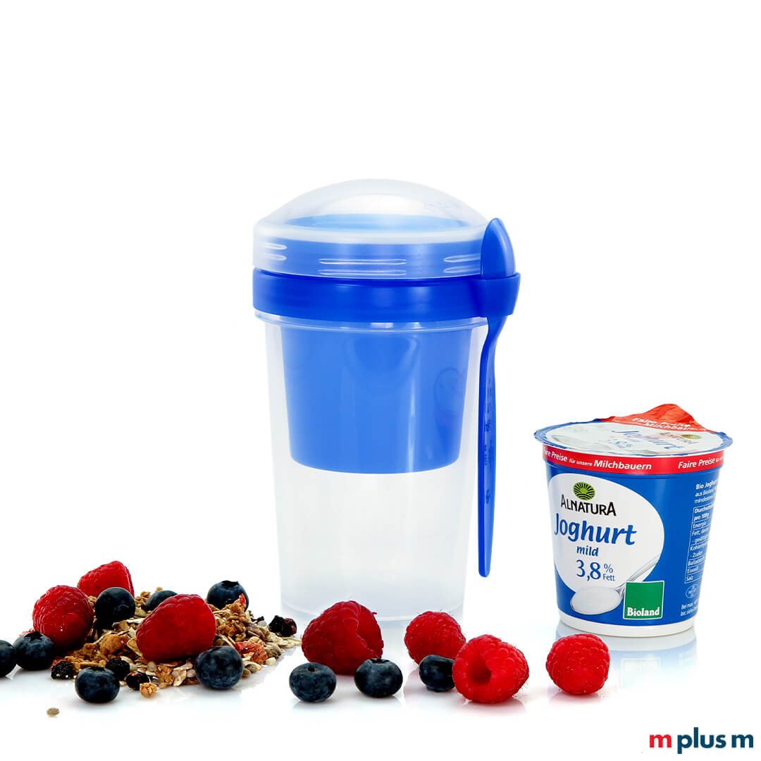 Müsli To Go Becher aus Deutschland als Werbeartikel oder Give Away mit Logo bedrucken mit 2 Fächern