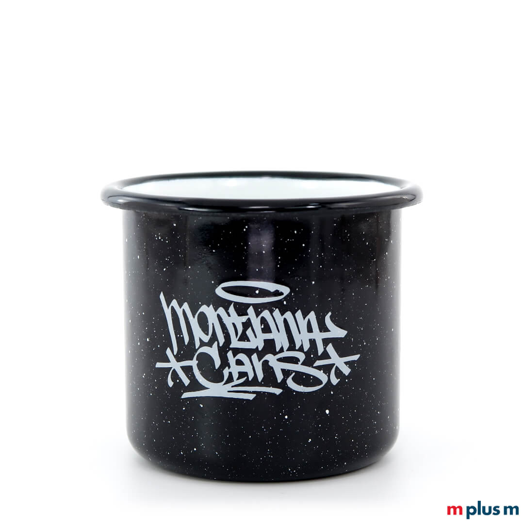 Schwarze Emaille Tasse Mars aus Europa mit spülmaschinenfestem Logo Druck