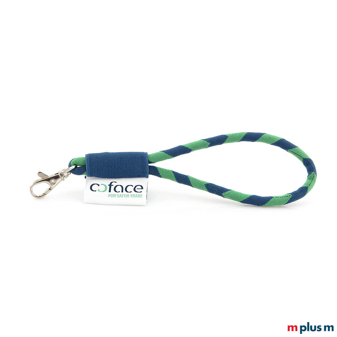 Grün-blauer Schlüsselbund mit Logo bedruckt