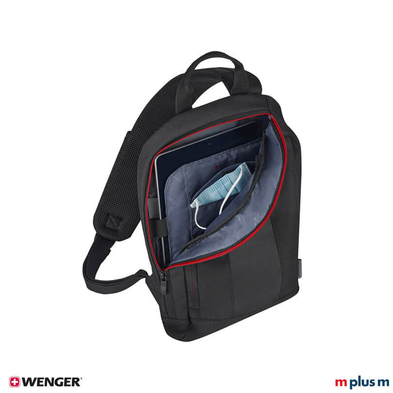 Wenger Monosling Tasche schwarz mit antibakteriellem Maskenfach und QuickAccess-Seitenfach, praktische Schultertasche hochwertig mit Logo Druck personalisieren