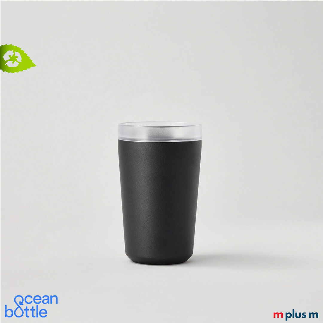 Schwarzer Ocean Bottle Isolierbecher 350 ml aus recyceltem Edelstahl, doppelwandig isoliert für heiße und kalte Getränke hochwertig mit Logo bedrucken