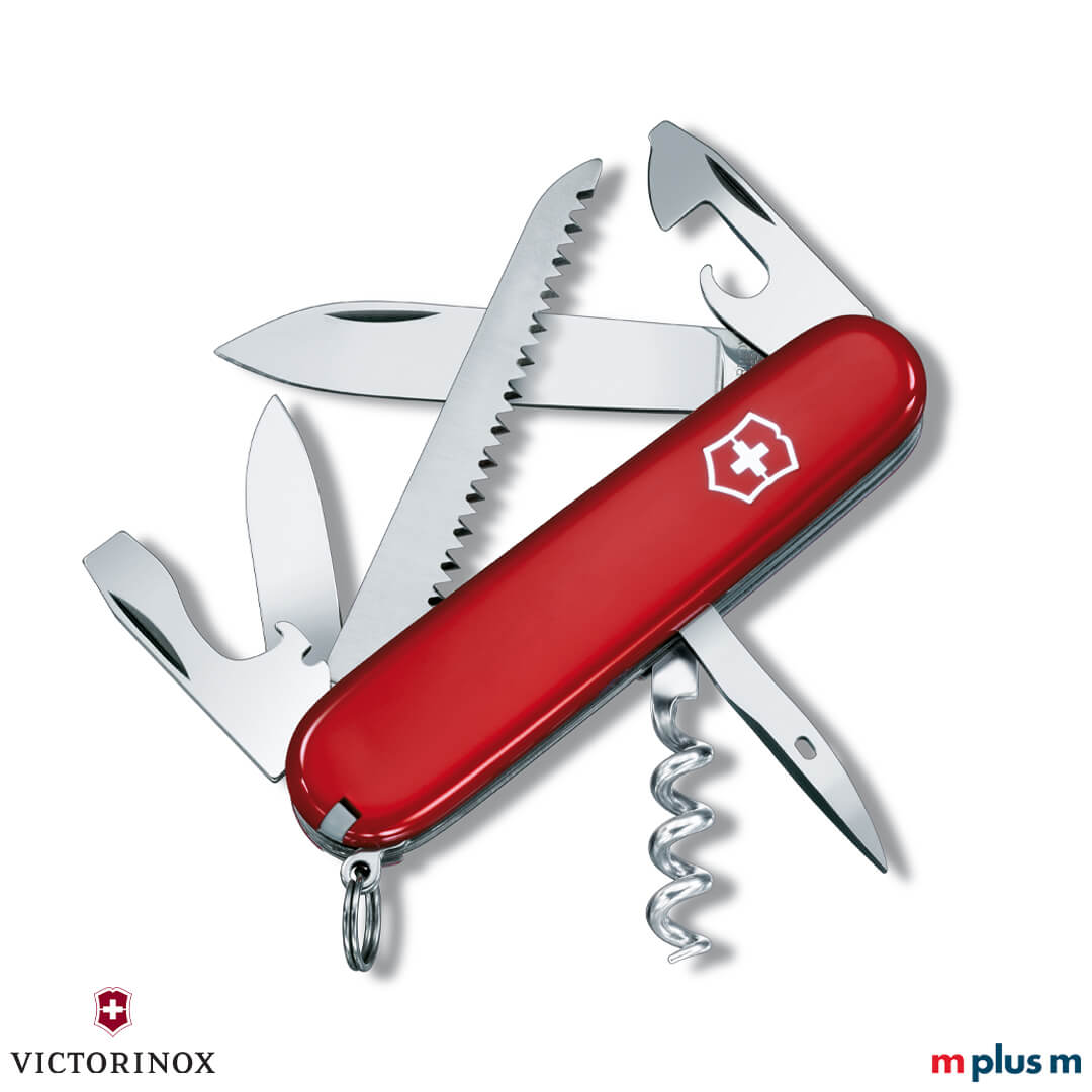 Victorinox Camper Schweizer Taschenmesser in Rot ausgeklappt – vielseitiger Outdoor Werbeartikel mit Logo-Druck