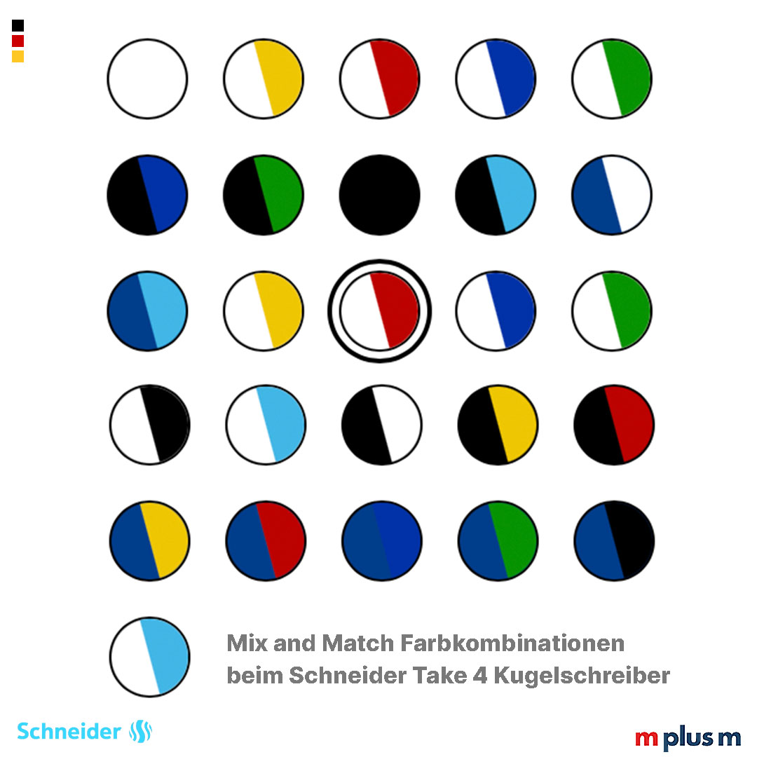 Viele Farbkombinationen möglich bei Schneider Take 4 Kugelschreiber