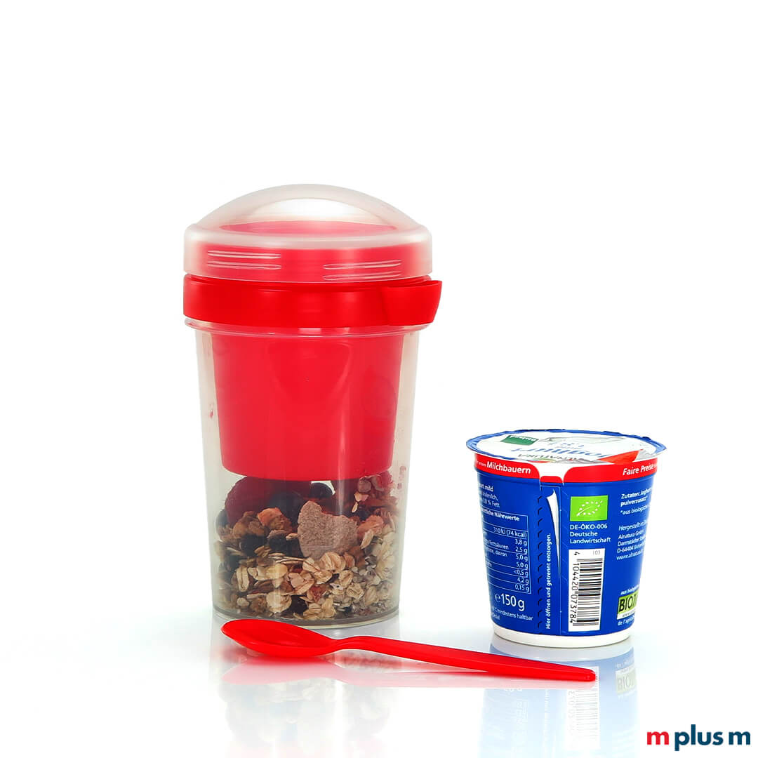 To Go Müslibecher mit Löffel. Aus Deutschland, für Müsli To Go und spülmaschinenfest.
