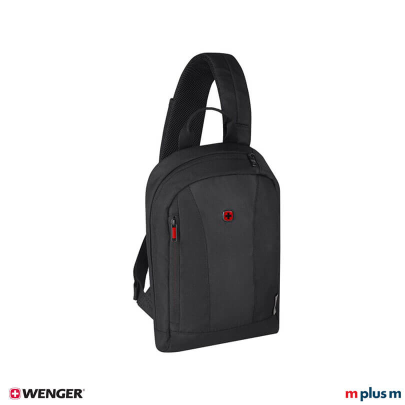 Schwarze Wenger Monosling-Schultertasche mit geradlinigem Design und praktischem QuickAccess-Fach, moderner Begleiter hochwertig mit Logo bedrucken