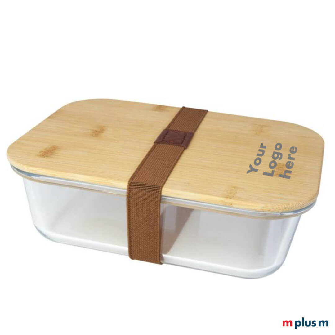 Unsere 'Roby' Glasbox hat einen Deckel aus Bambusholz und hat ein Fassungsvolumen von 1.000 ml. Mit Logo Druck ein nachhaltiger Werbeartikel