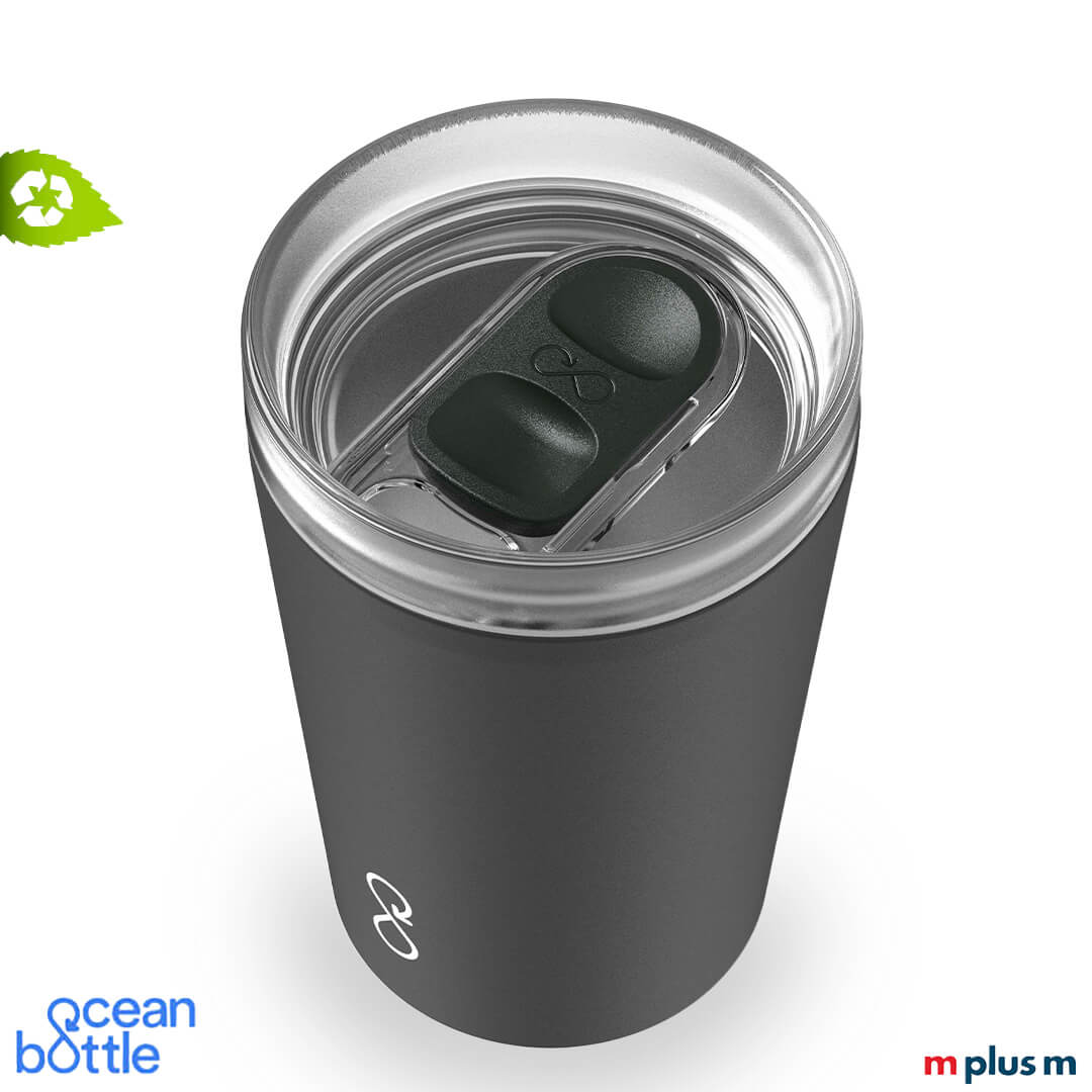 Schwarzer Ocean Bottle Travel Tumbler 350 ml hält Getränke bis zu 4 Stunden heiß, funktionaler Becher aus recyceltem Edelstahl mit Logo bedrucken