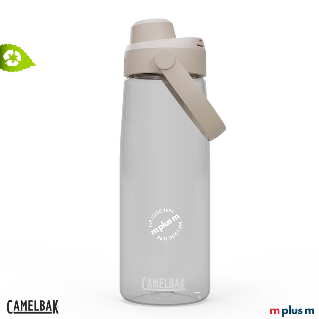 Transparente weiße Camelbak Thrive Chug Trinkflasche 750 ml aus Tritan Renew Recyclingmaterial, spülmaschinenfest, mit individuellem Logo oder Motiv bedruckbar, Expresslieferung in wenigen Tagen