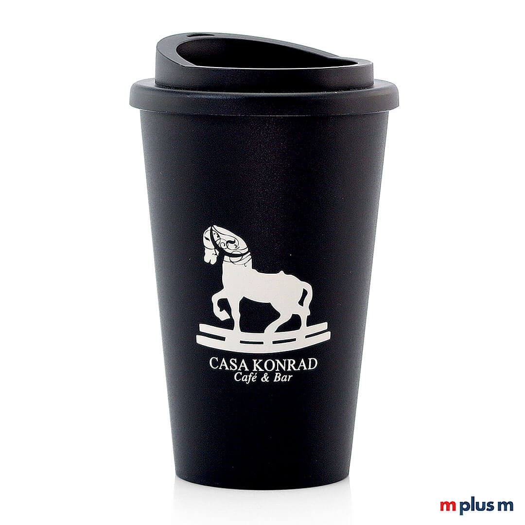 Schwarzer Classic Coffee Shop Becher mit Schraubdeckel, BPA-frei und stabil, funktionaler Mehrwegbecher mit Logo bedrucken