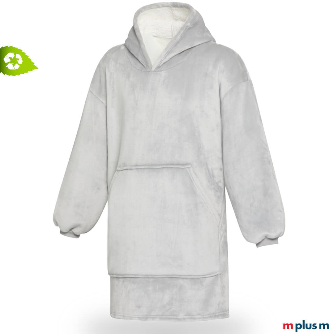 Graue Fleece-Kapuzendecke mit großer Kängurutasche und gesticktem Logo auf der Brust, nachhaltiges und warmes Oversize-Hoodie-Design.