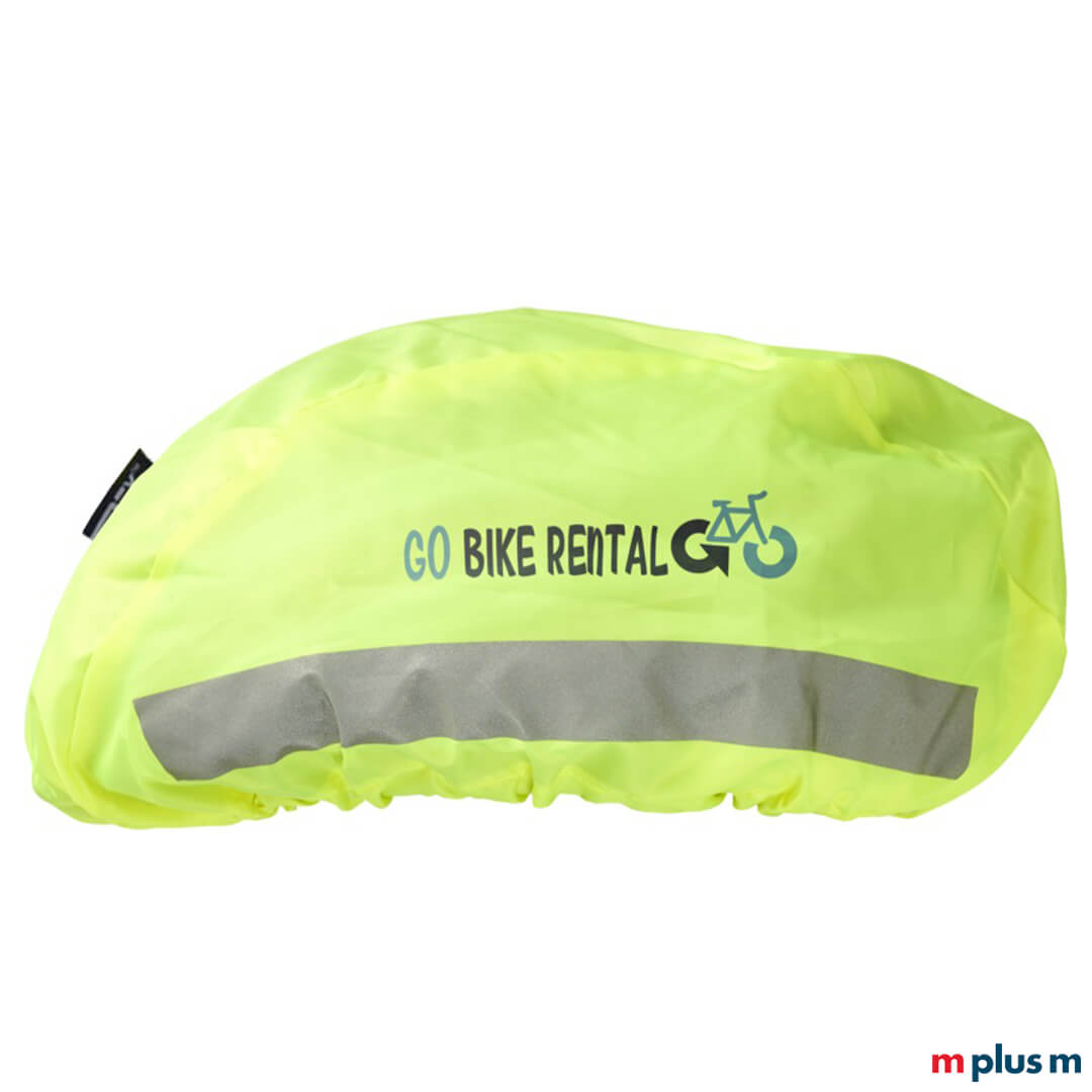Sicherer Fahrrad-Helmüberzug 'Andre' – neon-gelb, reflektierend & mit Beispiel Logo bedruckt