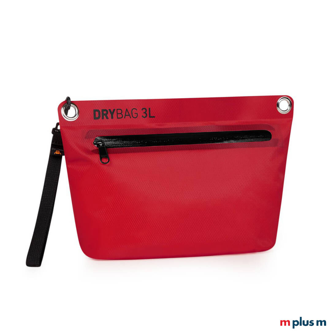 Ganzansicht einer roten 3L Drybag von Halfar mit schwarzem, wasserdichtem Reißverschluss, zwei oberen Metallösen und einer schwarzen Handschlaufe auf weißem Hintergrund.