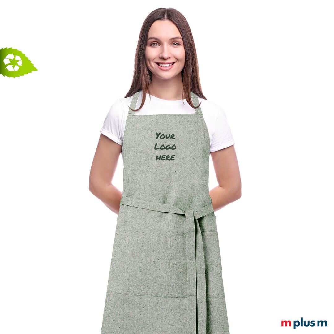 Nachhaltige Kellner Latzschürze Asador aus Recycling Baumwolle in Farbe Grün mit Ihrem Logo bedrucken