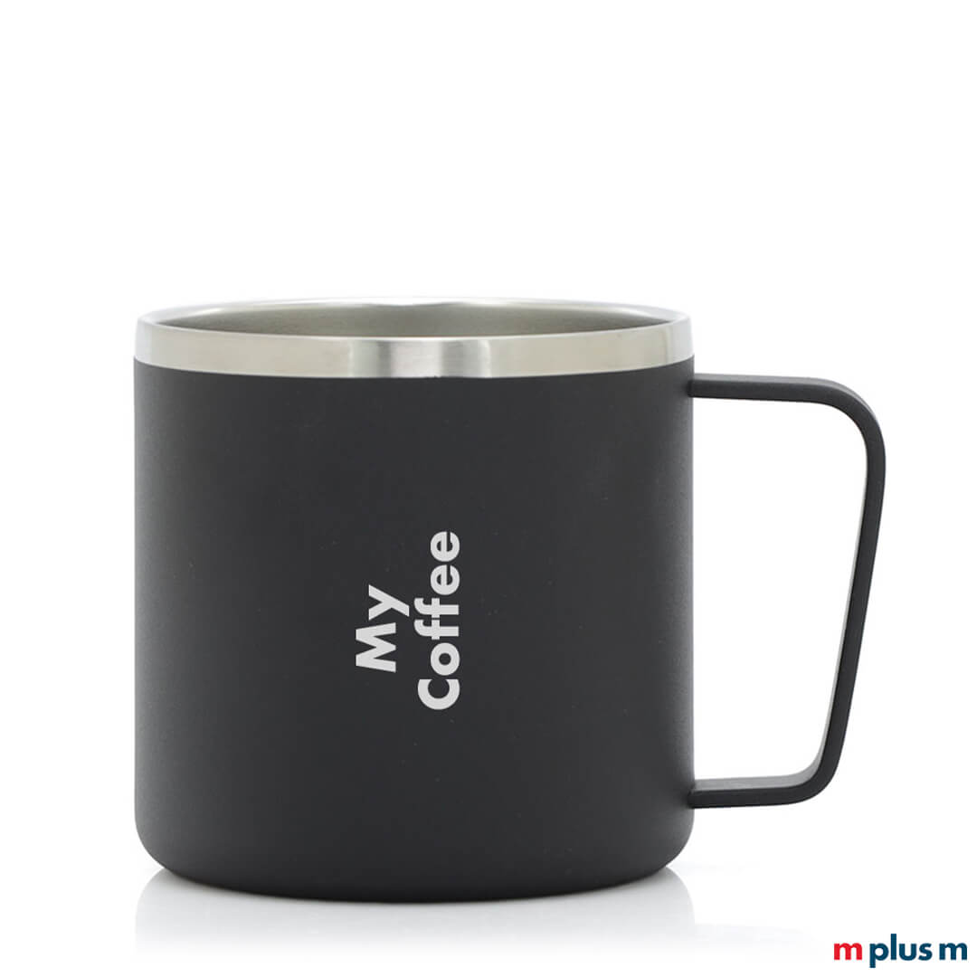 Nachhaltige Isoliertasse in schwarz mit Logo bedruckt