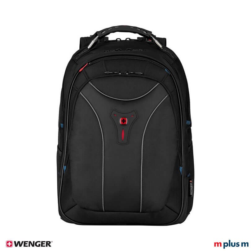 Wenger Carbon Business Rucksack schwarz mit ergonomischem Griff und atmungsaktiver Rückenpolsterung, komfortabler Laptoprucksack modern mit Logo Druck personalisieren