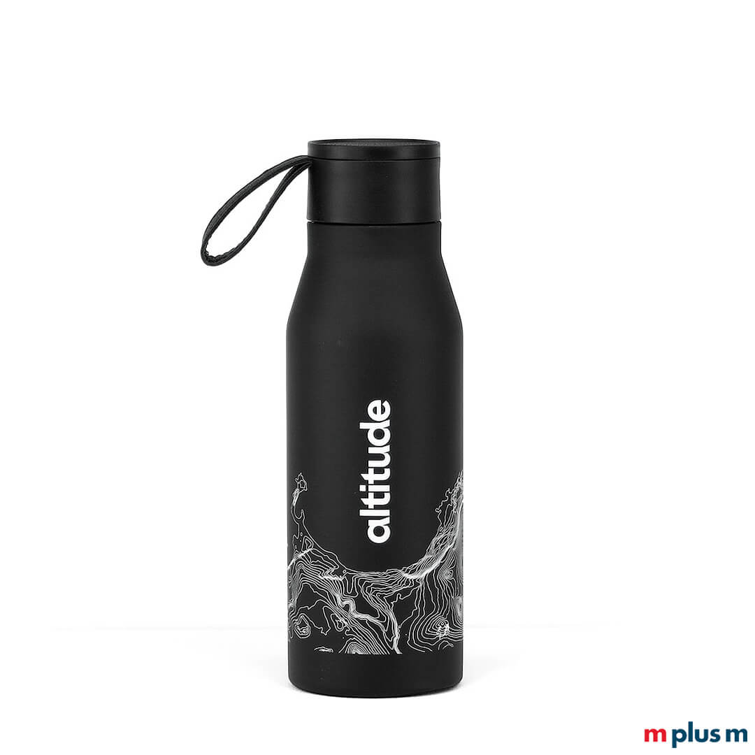 Schwarze Trinkflasche mit weißem Logo bedruckt