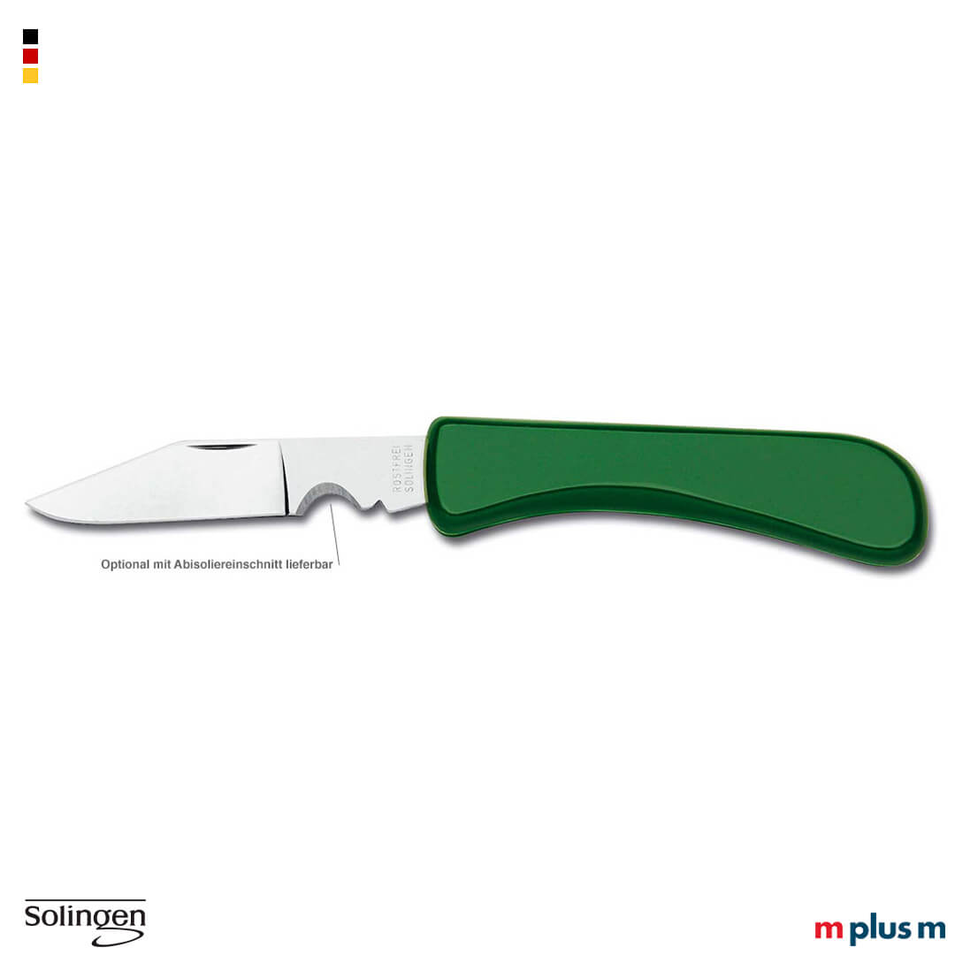 Auch mit polierter Klinge mit Abisoliereinschnitt lieferbar. Das Solinger Taschenmesser als Werbeartikel