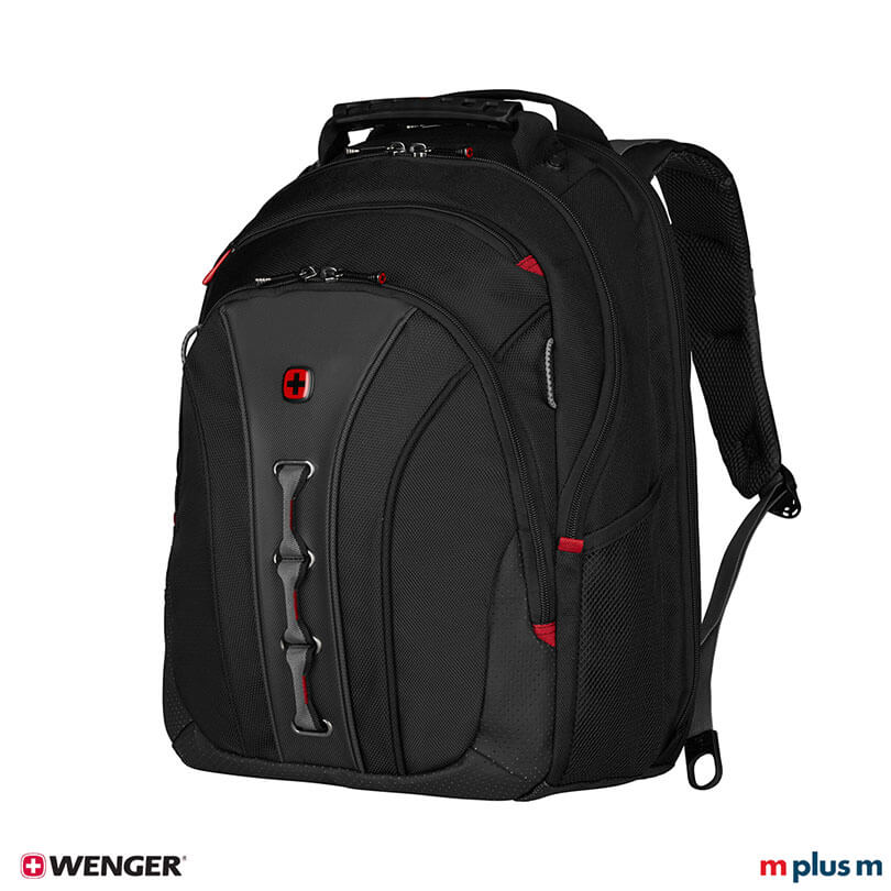 Schwarzer Wenger Legacy Rucksack mit Triple Protect Laptopfach bis 16 Zoll, moderner Businessrucksack hochwertig und funktional mit Logo bedrucken