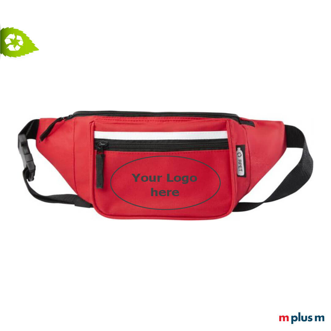 Praktische rote Bauchtasche aus recycletem PET. Ein schönes Werbegeschenk.