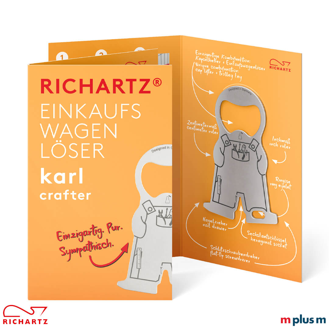 Schöne Einzelverpackung mit Standardmotiv oder auch individuell bedruckbar ab 250 Stück. Der Einkaufswagenlöser karl crafter ist ein schöner und preiswerter Werbeartikel
