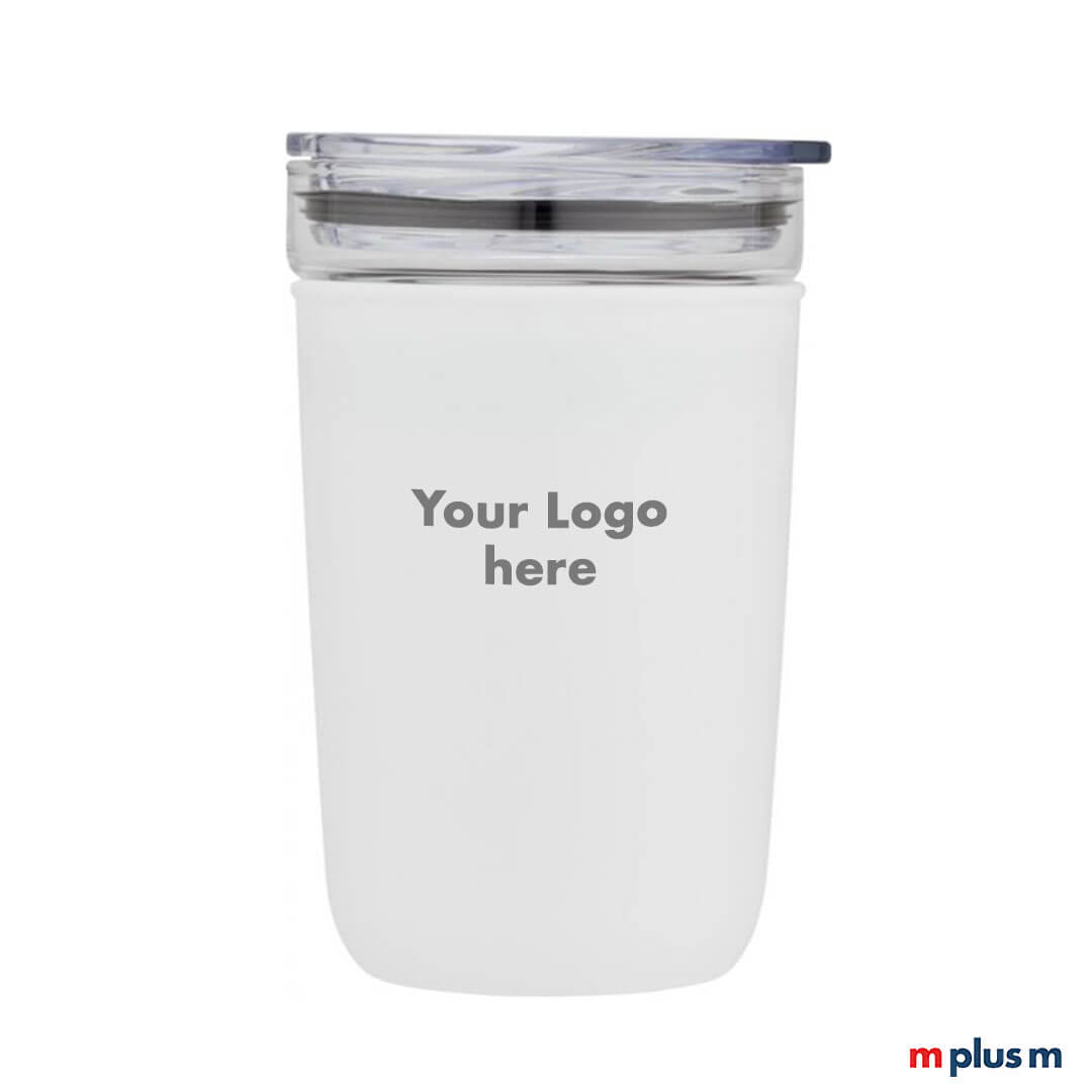 Weißer Glas Coffee To Go Thermobecher mit Recycling Kunststoff. Ab 25 Stück mit Logo Druck