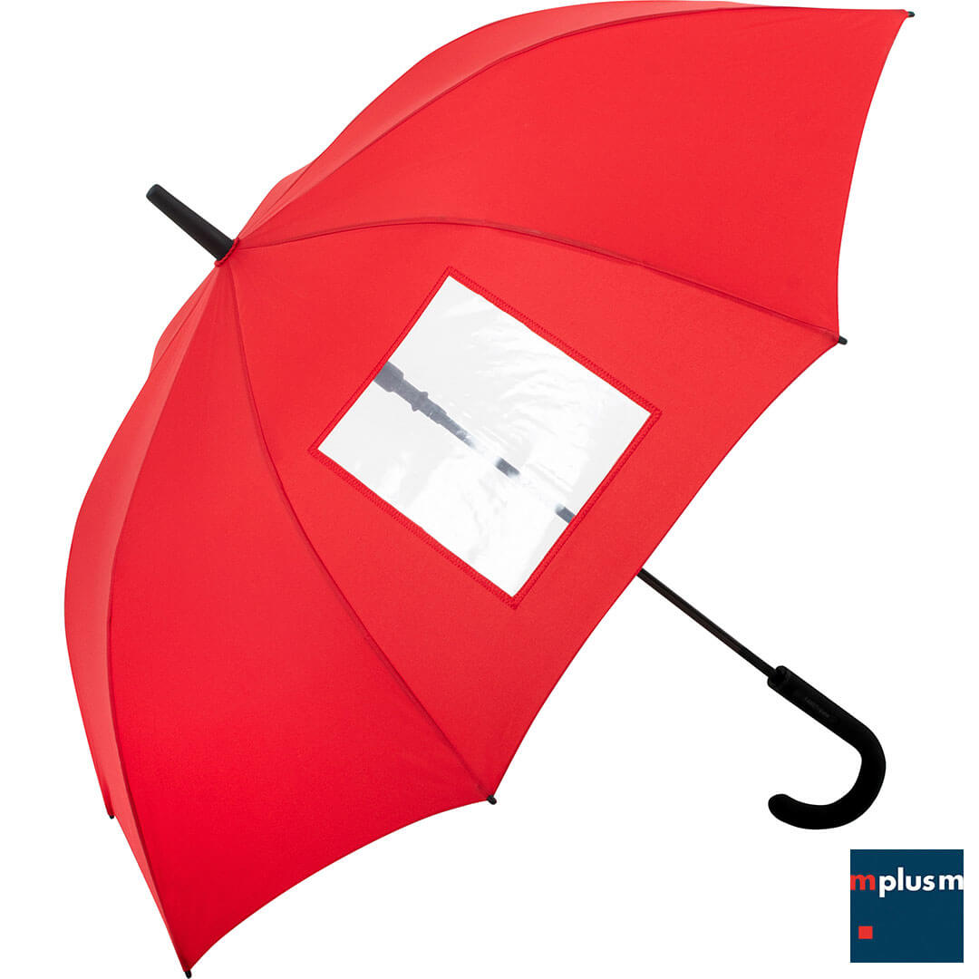 Roter Stockschirm mit eingebautem Sichtfenster als Werbeartikel mit Ihrem Logo bedrucken