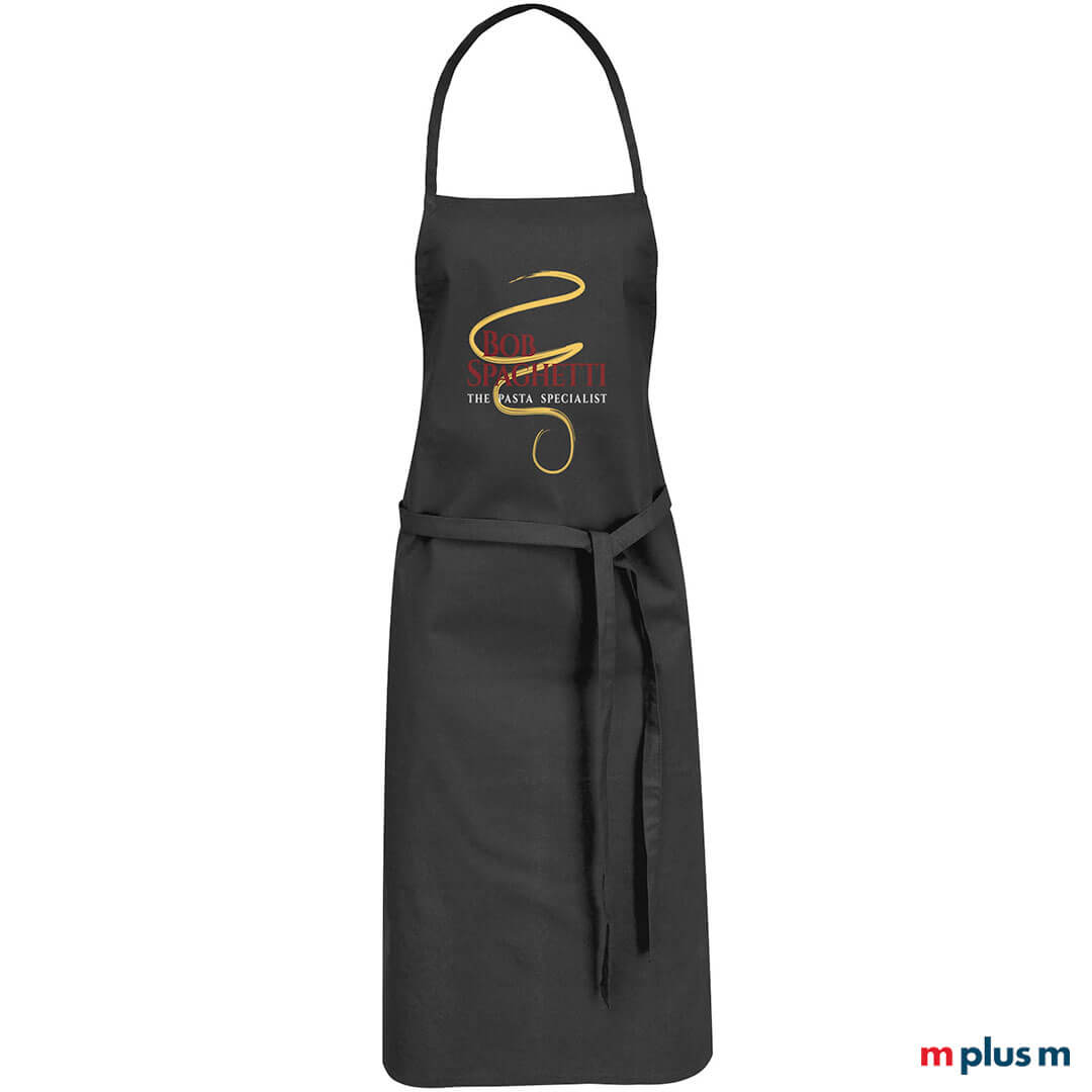 Schwarze Latzschürze 'Victor' aus Baumwolle mit Logo bedrucken