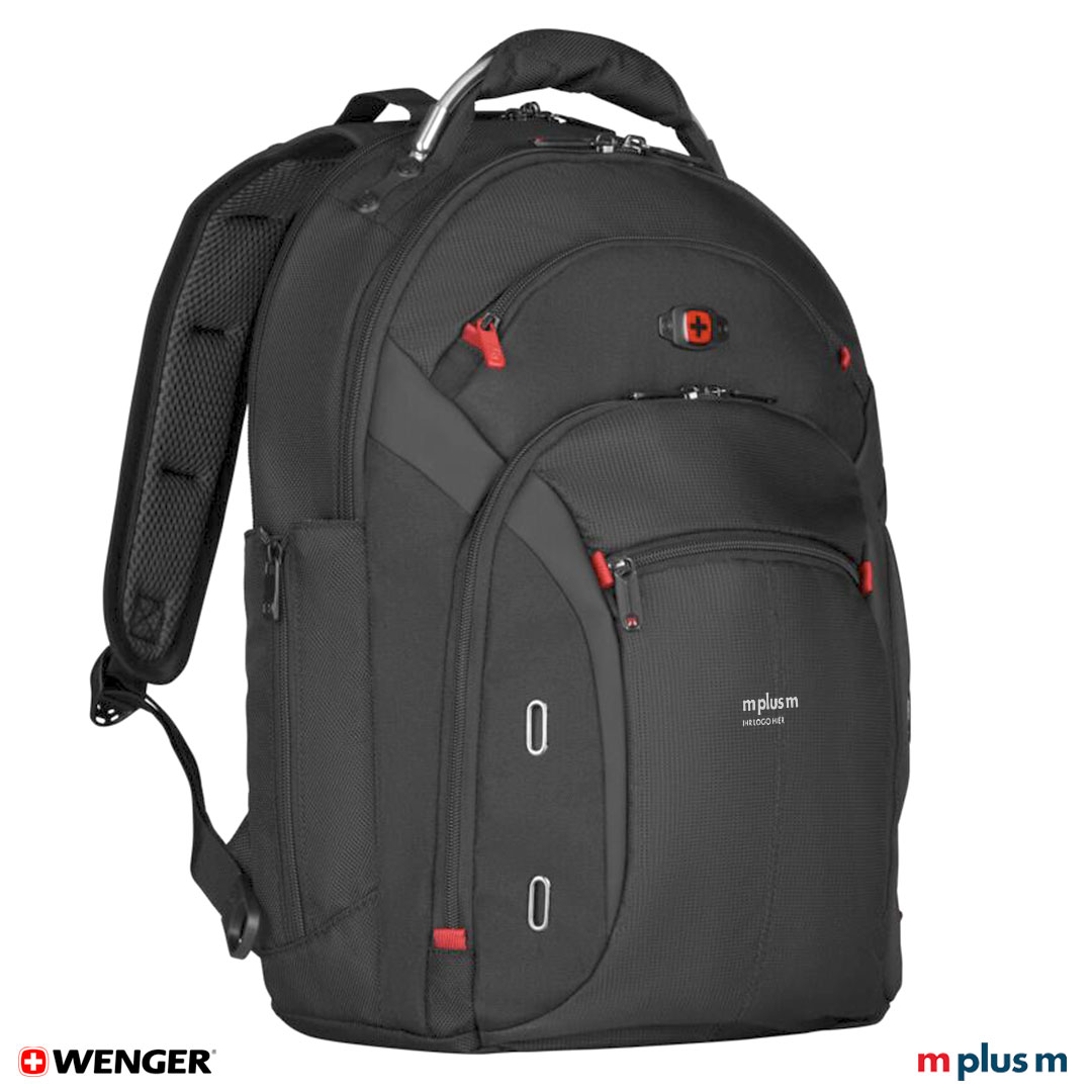 Schwarzer Wenger Gigabyte Laptop Rucksack mit Schnellzugriffsfach und Seitentaschen mit Reissverschluss, praktischer Businessrucksack hochwertig mit Logo bedrucken
