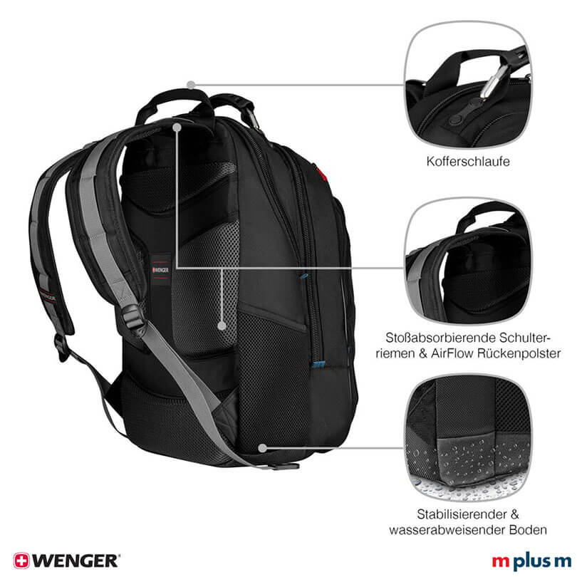 Schwarzer Wenger Carbon Laptop Backpack mit Netz-Seitentaschen für Wasserflasche oder Schirm, funktional und praktisch mit Logo bedrucken
