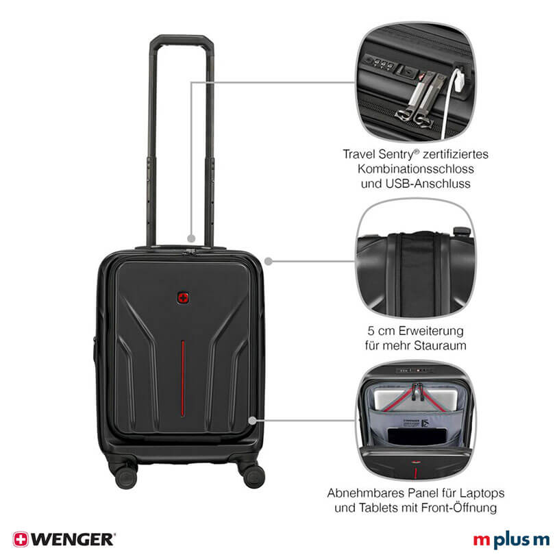 Wenger Amplix Handgepäckkoffer schwarz mit Travel Sentry® Schloss und USB-Anschluss, sicherer Trolley für Reisen modern mit Logo Druck personalisieren