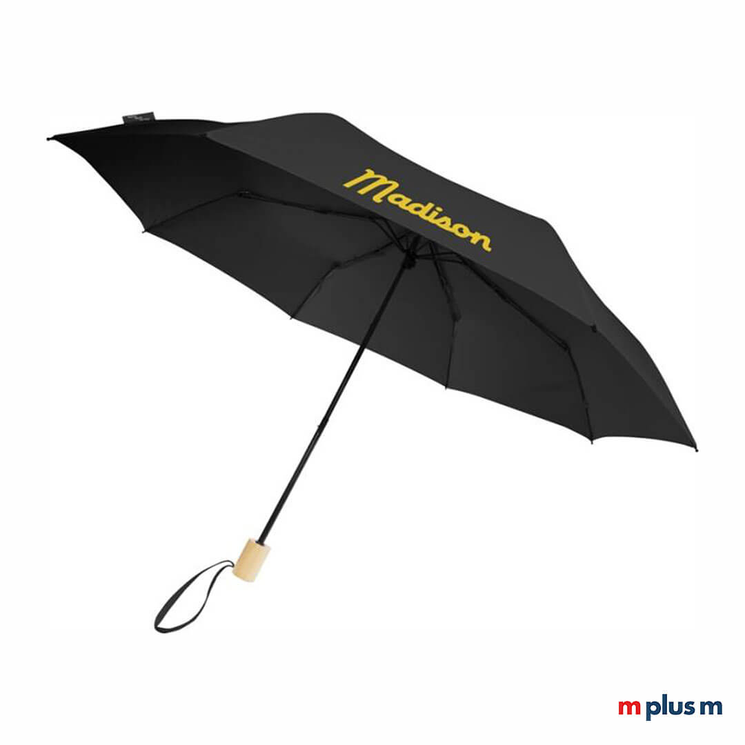 Schwarzer Taschenschirm mit eigener Werbung gestalten. Als hochwertiges Werbegeschenk.