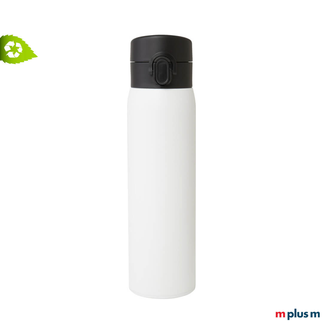 Hochwertiger Isolierbecher aus Recycling Edelstahl mir weißer Pulverbeschichtung. Ab 50 Stück mit Logo Gravur als Werbeartikel.