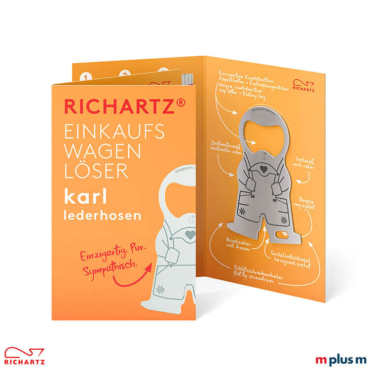Als Standardmotiv oder auch individuell zu bedrucken: Die Klappkarte beim Einkaufswagenlöser karl lederhosen