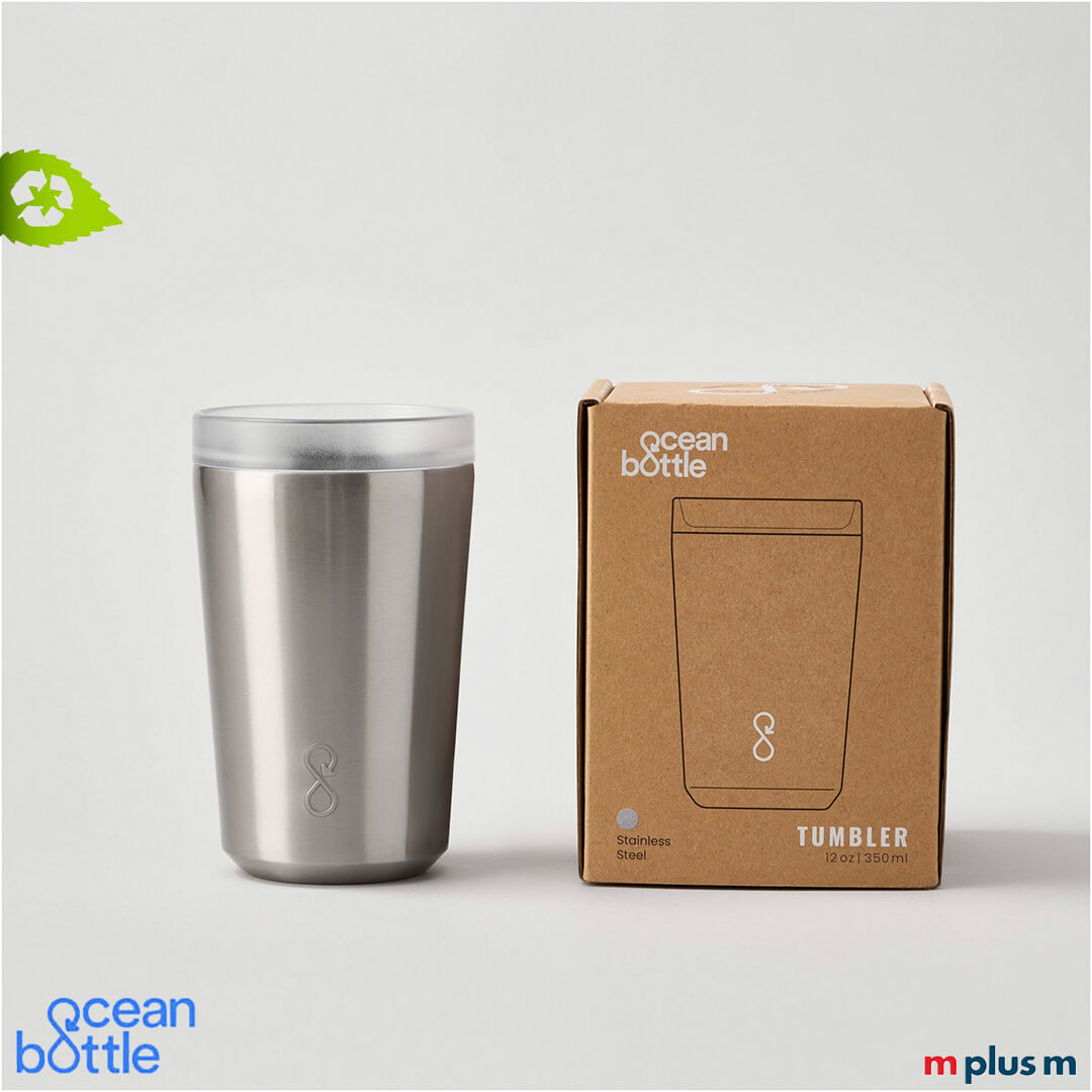 Ocean Bottle Isolierbecher 350 ml silber CO₂-neutral und spülmaschinengeeignet, nachhaltiger Thermobecher hochwertig mit Logo Druck personalisiert