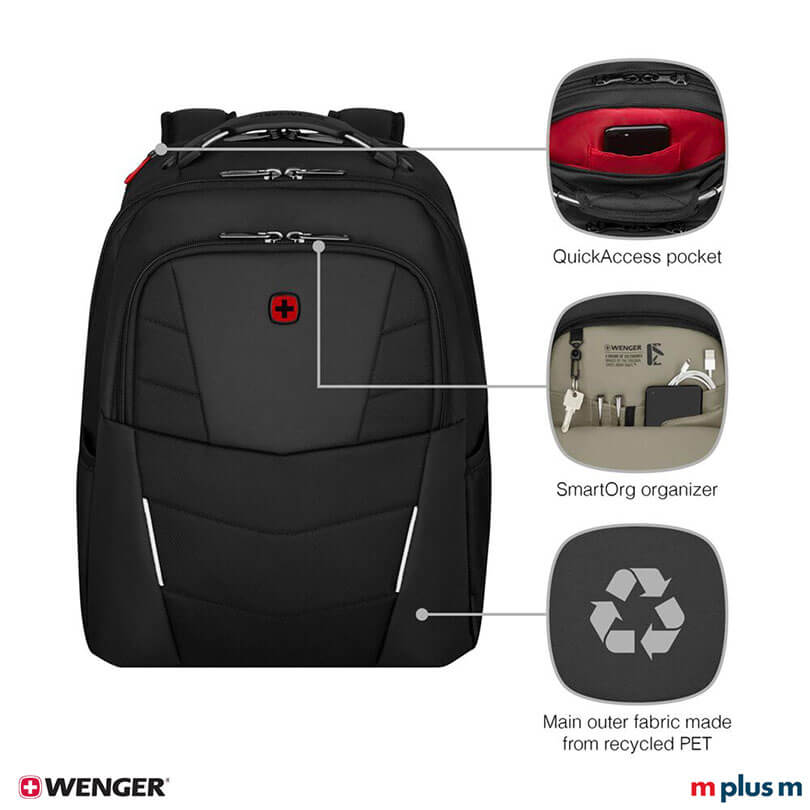 Robuster Wenger Altair Rucksack schwarz mit CaseBase Stabilisierungsplattform und verstärktem Tragegriff, funktional und hochwertig mit Logo bedrucken