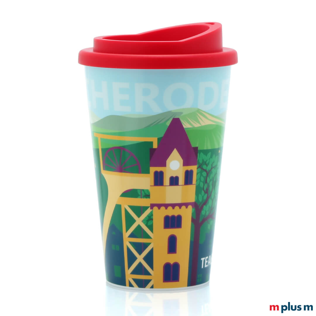 Allover Coffee Shop Thermobecher (350 ml) aus Europa, vollflächig bedruckbar im In-Mould-Verfahren, spülmaschinengeeignet und nachhaltig mit Logo bedrucken