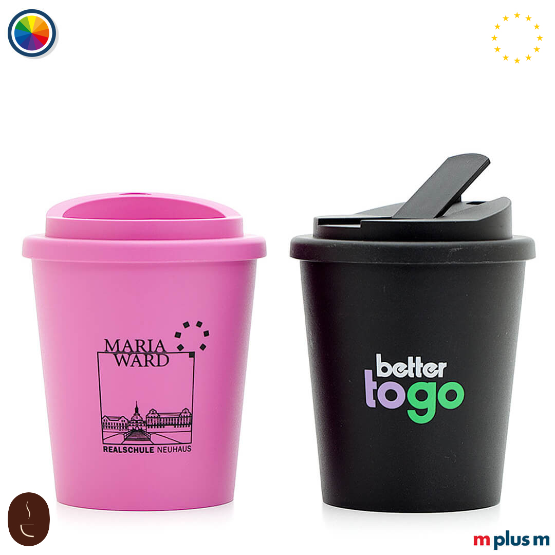 Schwarzer und Pinker Early Bird Thermobecher 250 ml mit Luftisolierung und Drehdeckel, nachhaltiger Werbebecher hochwertig mit Logo bedrucken