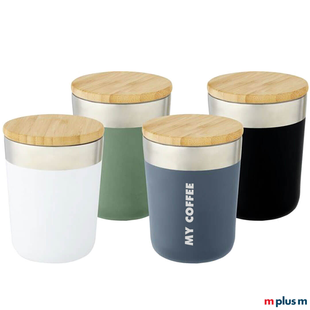 Edelstahl Coffee To Go Becher mit Bambusdeckel, doppelwandig isoliert und BPA-frei, nachhaltiger Werbeartikel mit Logo Druck personalisieren