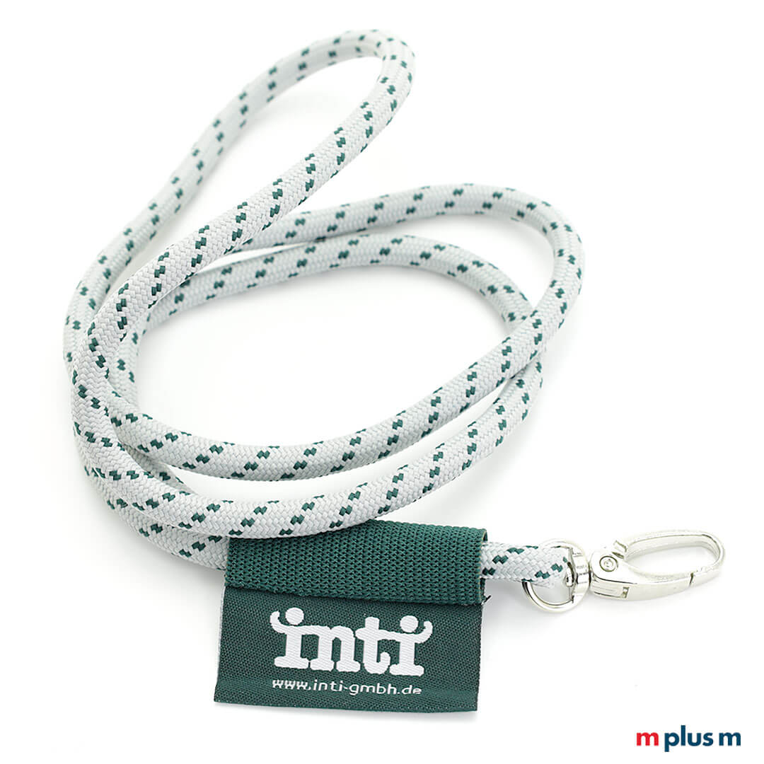 Hellgraues Nautic Flag Schlüsselband mit grünen Farbakzenten als Werbeartikel