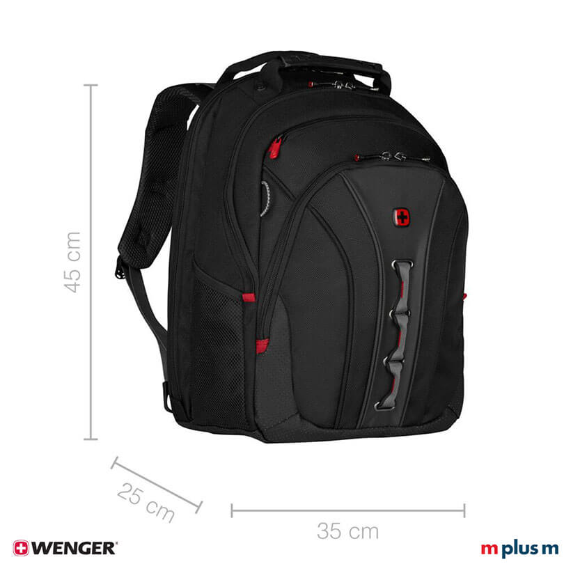 Schwarzer Wenger Legacy Rucksack mit trolleyfreundlichem Gurt für komfortables Reisen, funktionaler Laptoprucksack hochwertig mit Logo bedrucken