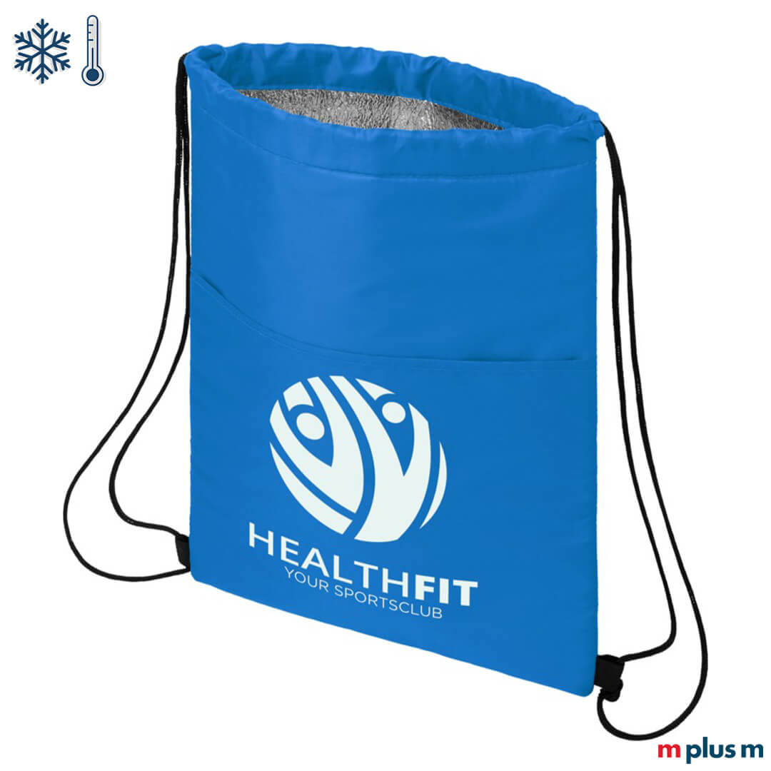 Isolierter Sportbeutel Rucksack in Farbe Blau als Giveaway mit Logo Druck