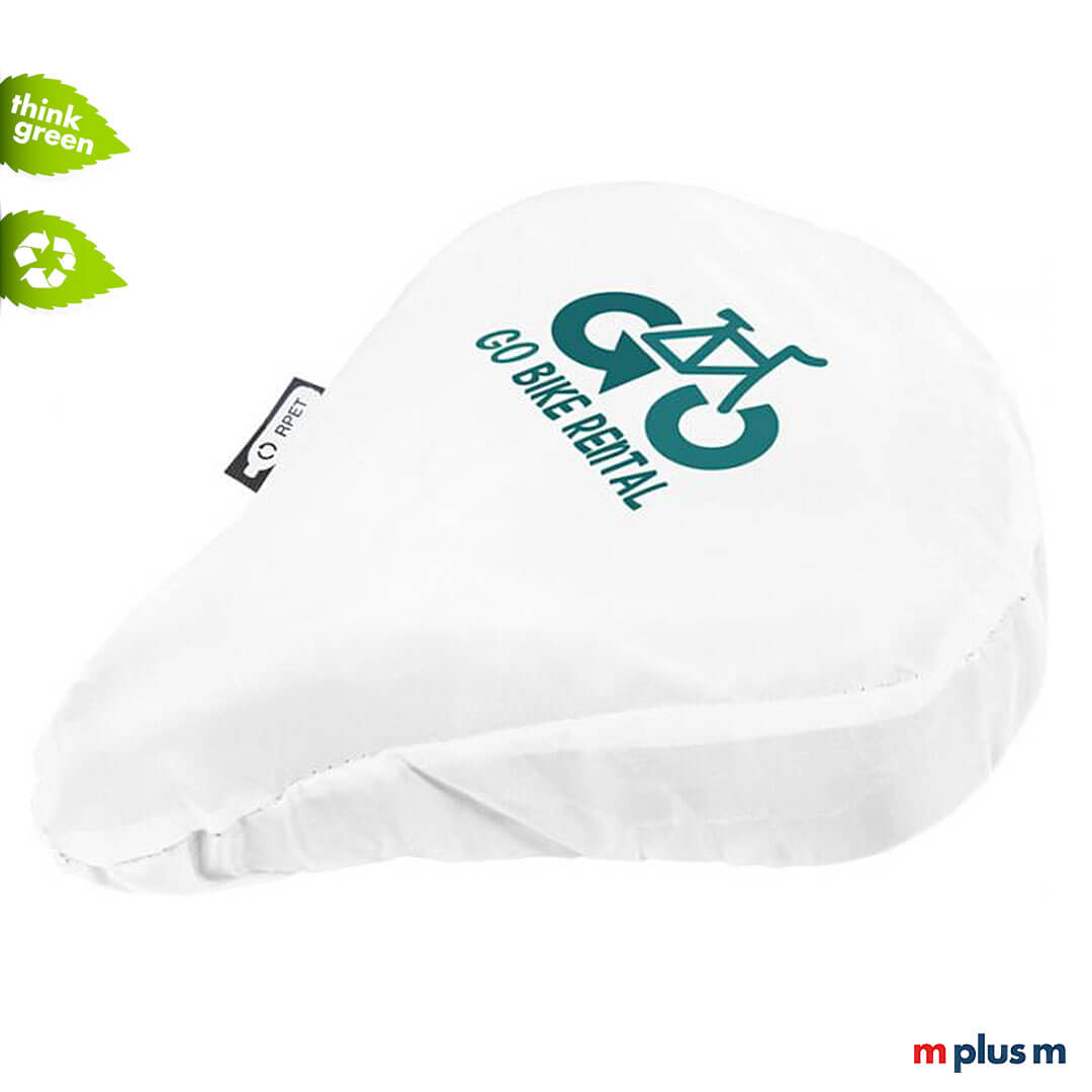 Nachhaltigesr Fahrrad Werbeartikel. Regen Sattelbezug in weiß