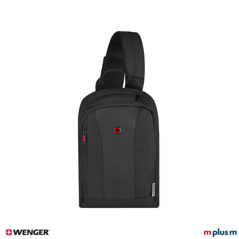 Schwarze Wenger Monosling-Schultertasche mit gepolstertem Tabletfach bis 10 Zoll, funktionaler Begleiter hochwertig und modern mit Logo bedrucken