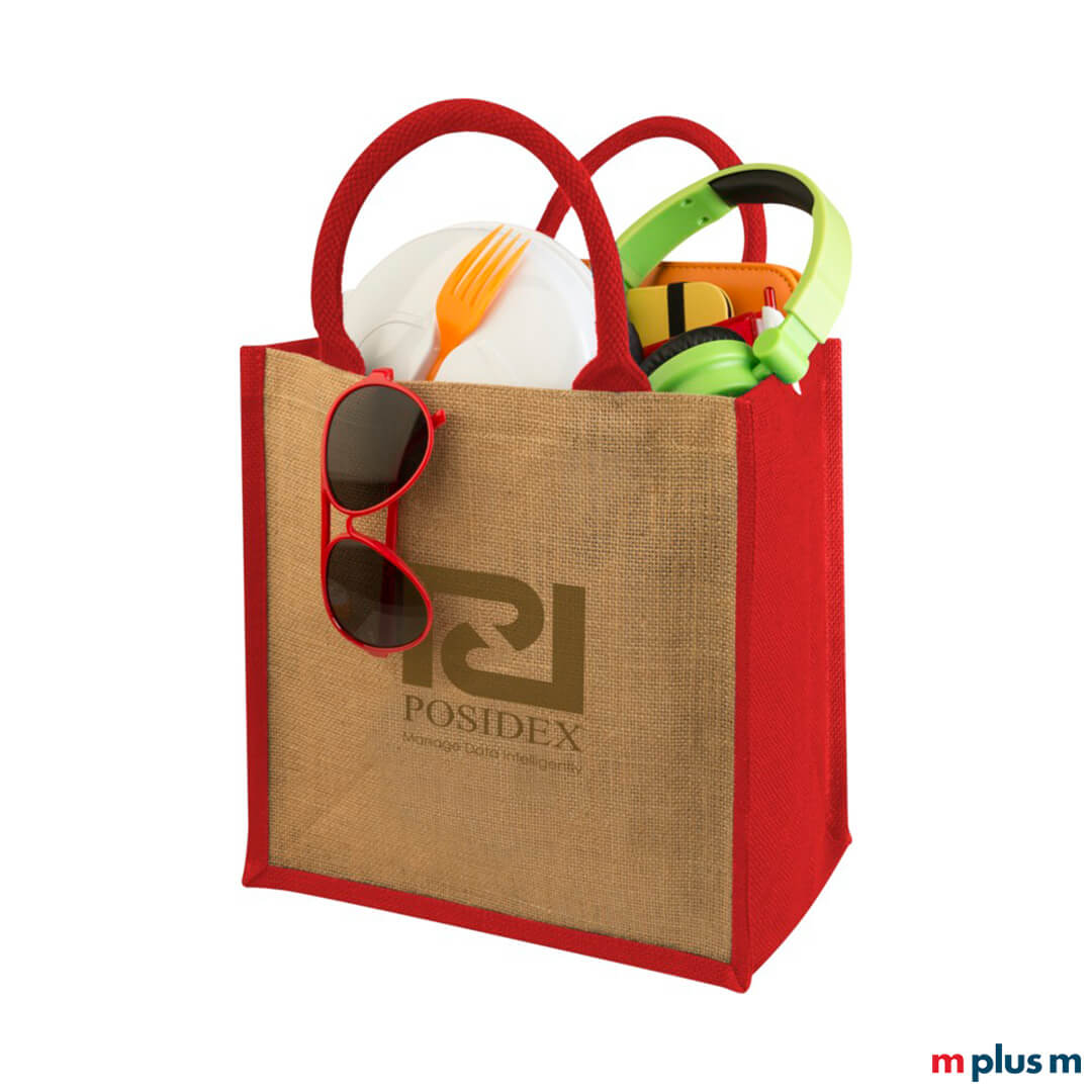 Rote Jute-Tasche mit individuellem Logo bedrucken