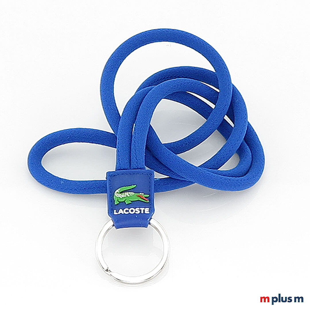 Tube Rubber Kordel Lanyard in blauer Kundenfarbe mit Logo auf Rubber Badge als Werbeartikel