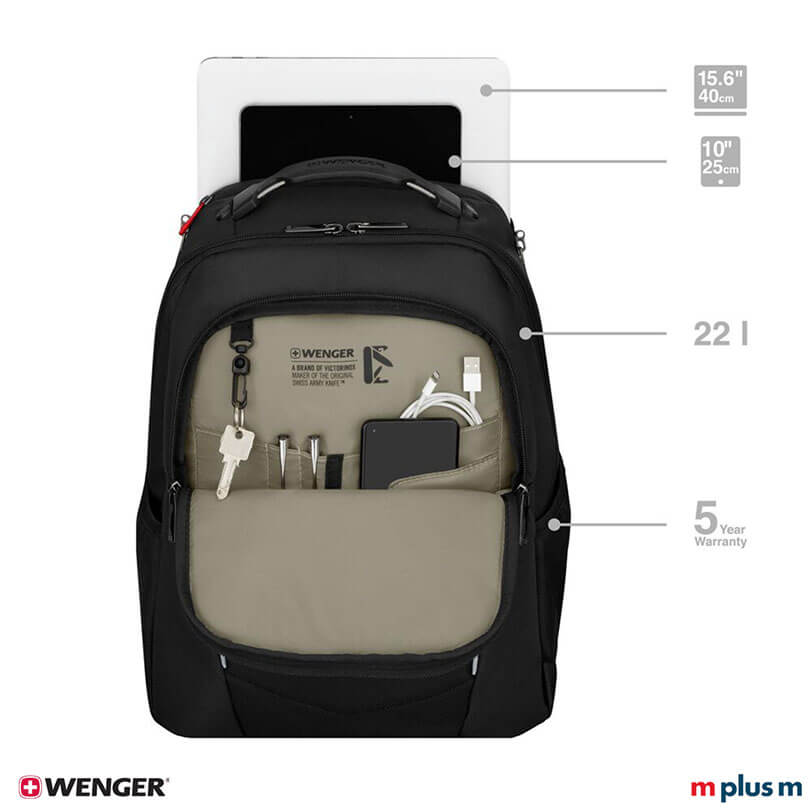 Wenger Altair Laptop Rucksack schwarz mit QuickAccess-Fach und seitlichen Taschen, praktischer Begleiter für unterwegs, modern mit Logo Druck