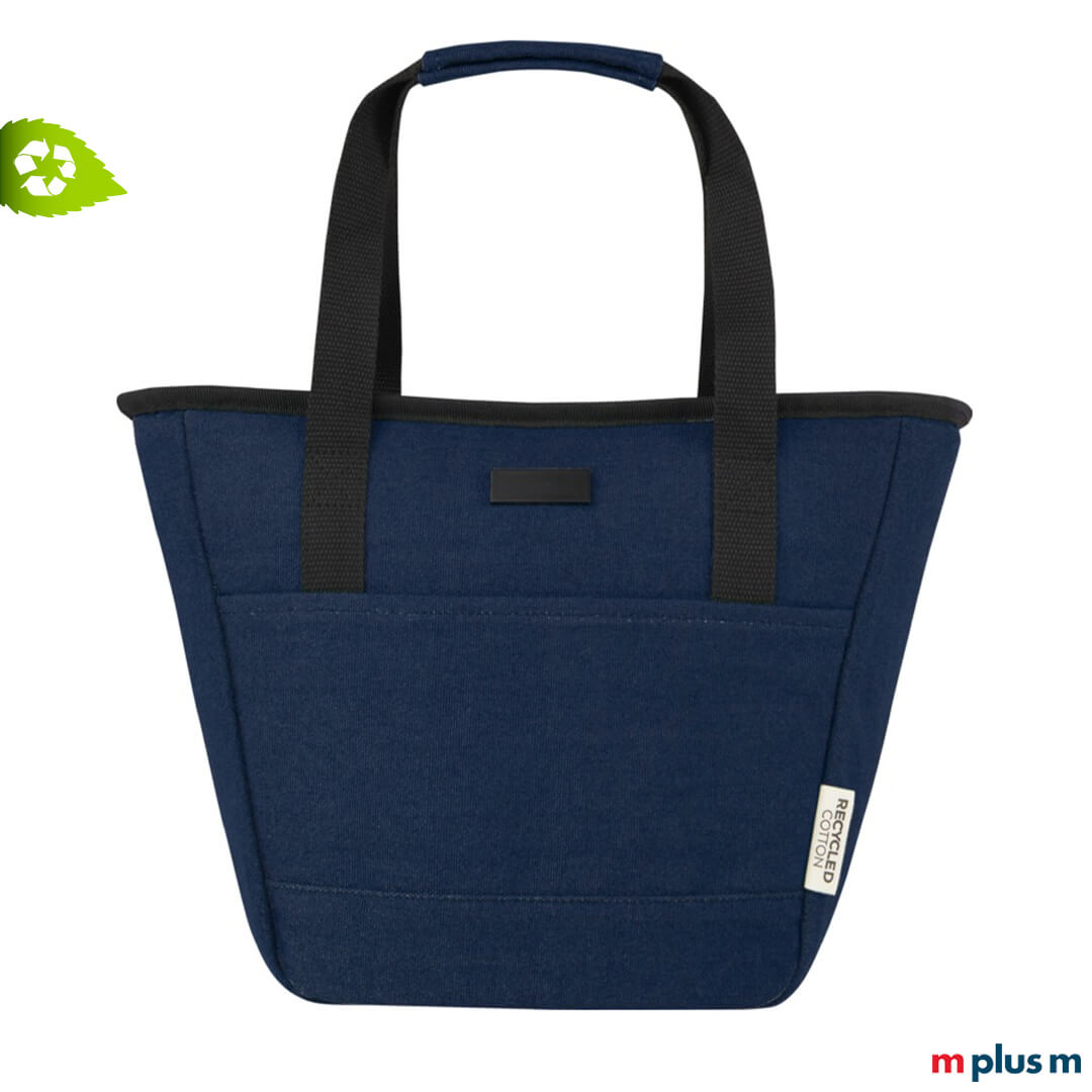 Hochwertige blaue Kühltasche aus Recycling Canvas mit Logo Druck als Werbeartikel