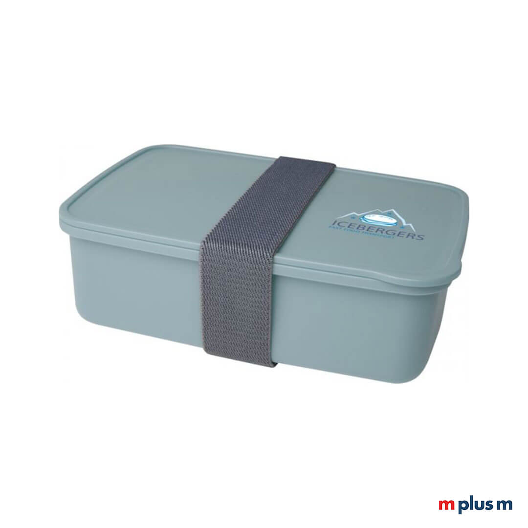 Nachhaltige Brotdose 'Seppo' aus recycling Kunststoff in grün und mit Gummiband als Werbeartikel