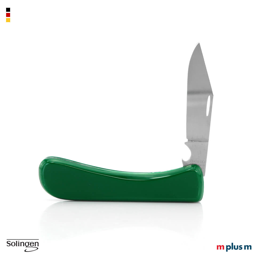 Solinger Taschenmesser mit grünen Schalen und polierter Klinge mit Kapselheber. Werbeartikel 'Made in Germany'